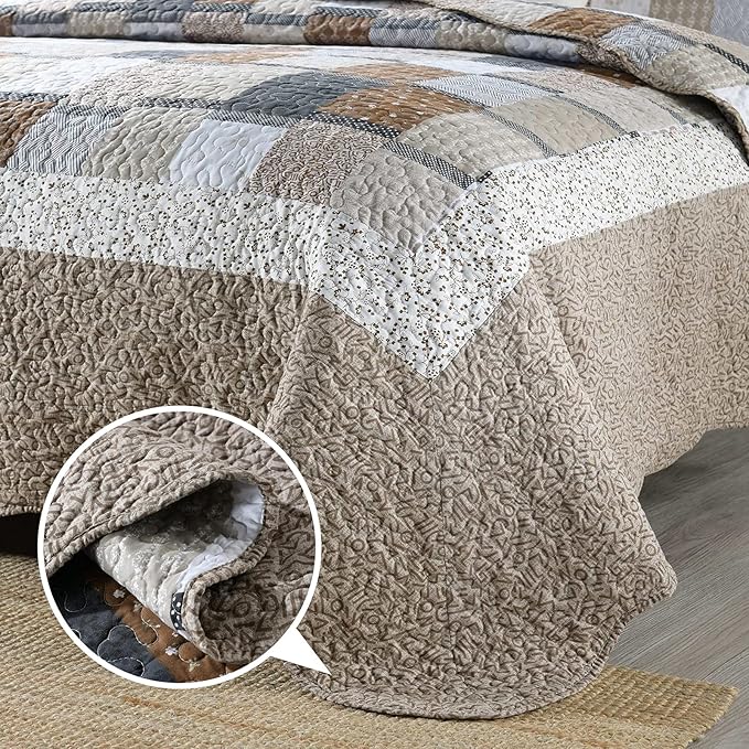 ENJOHOS 3PC Queen Quilt Sets with Shams Navy and Brown Blocks Patchwork Quilt Lightweight Reversible Bed Coverlet All Season Bedspread for Queen Bed Patch Plaid Daybed Bedding (Multi Patch)