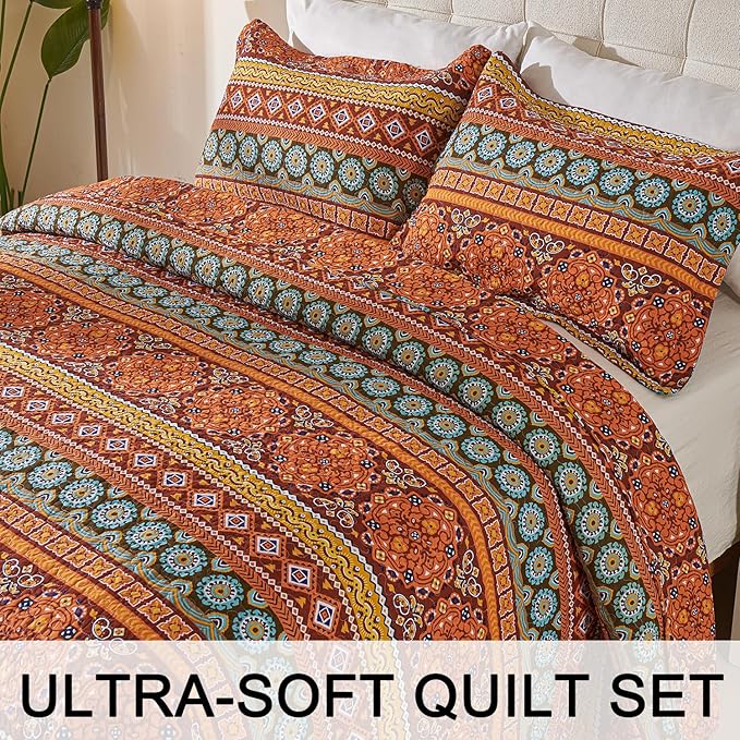 Cmfshape Orange Quilt Sets Bedspread Set 100% Cotton Boho Bedding Set, All Season Use Lightweight Reversible Coverlet Quilts with 2 Pillow Shams(Queen 92"x96")