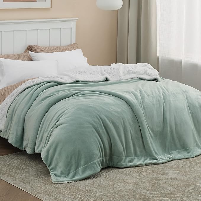 Bedsure GentleSoft Sherpa Fleece Blankets Queen Size for Bed - Thick and Warm Throw for Women and Men, Soft Fuzzy Plush Queen Blanket for Winter, Sage Green, 90x90 Inches
