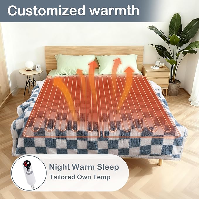 Electric Heated Blanket 6 Heating Settings & 1-10H Auto Off Full 72×84 Checkered Plaid Double Sided Plush Sherpa Ultra-Soft Warm Thick, Machine Washable, Fast Heating, Home Office Light Blue