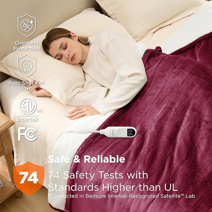 Bedsure Electric Blanket Full Size - Soft Flannel Heated Blanket, Fast Heating with 10 Time Settings & 6 Heat Settings, Warm Gift for Grandma (72x84 inches, Burgundy)