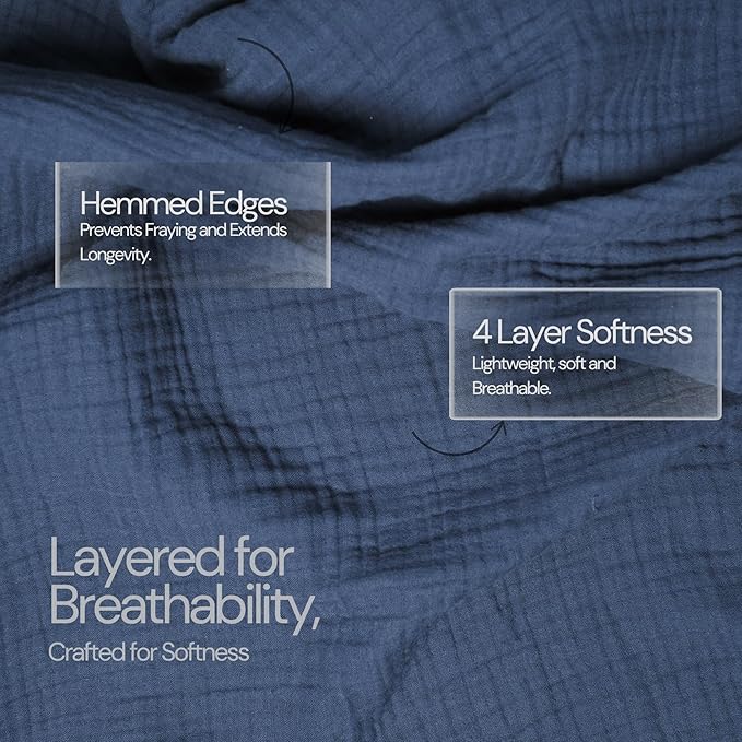 Salt Earth 100% Cotton Muslin Blanket, Gauze Blanket 80"X90" Queen, 4 Layered for Couch, Bed, Living Room,Lightweight & All Seasons Blankets & Throws, Easy to wash,Nature & Skin Friendly (Dress Blue)