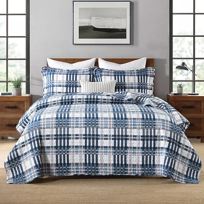 Quilts Queen Size, Cotton Queen Size Comforter Set, Blue White Striped Bedding Sets, Plaid Queen Bedspread,Striped Bed Set Lightweight Reversible All Season 3 Piece