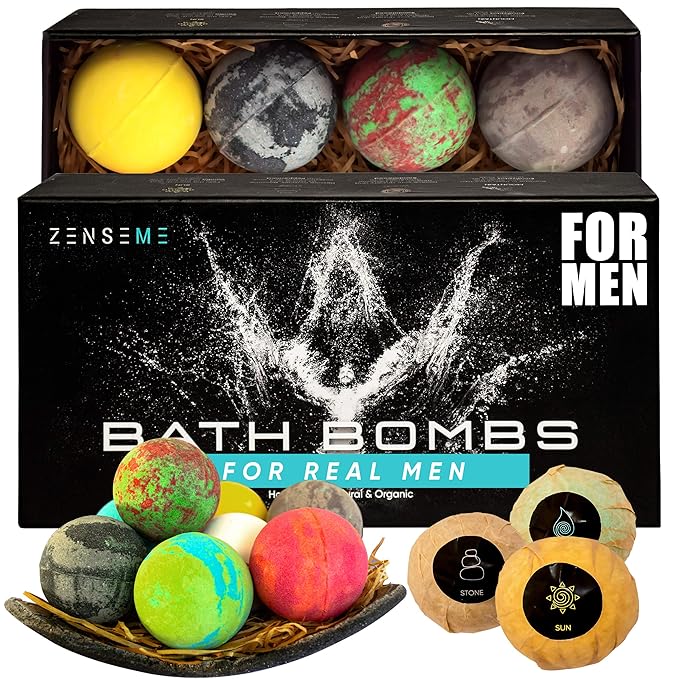 Bath Bombs for Men, Gift Set of 8 Scented Organic Handmade Bath Bombs of 2.5 oz with Natural Essential Oils for Boyfriend, Husband, Father or Friend, by ZenseMe