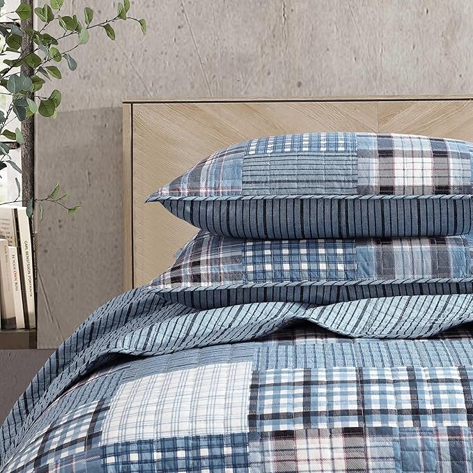 Eddie Bauer - Twin Quilt Set, Reversible Cotton Bedding with Matching Sham, Patchwork Plaid Bedding Set (Hawthorne Blue, Twin)