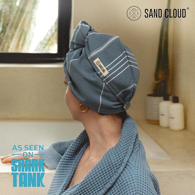 Sand Cloud Hair Towel Wrap for Women & Men, (Slate Blue, Classic) - 100% Turkish Cotton Quick Hair Drying Towel Wrap - Absorbent Half Terry Weave Hair Plop Head Towel Wrap with Binding Edge