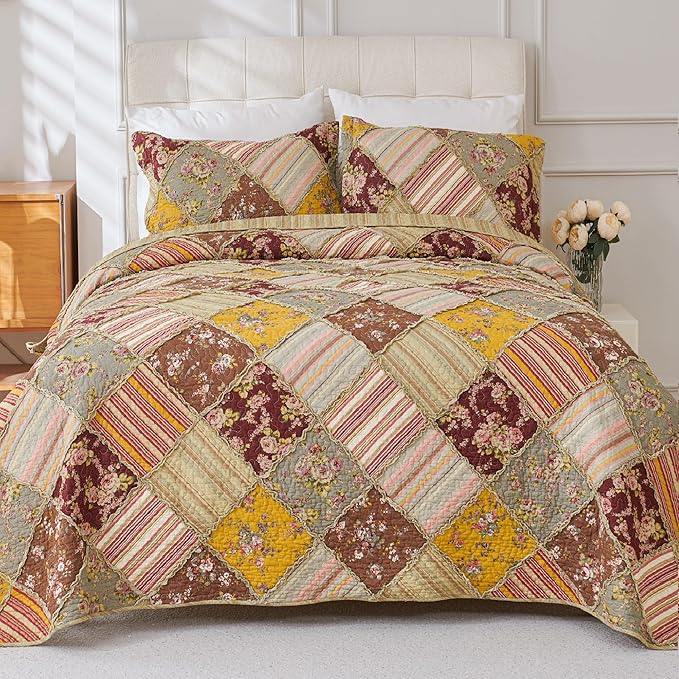 Cmfshape Floral Quilt Sets Bedspread Set 100% Cotton Patchwork Bedding Set, All Season Use Lightweight Reversible Coverlet Quilts with 2 PillowShams(King 106"x96")