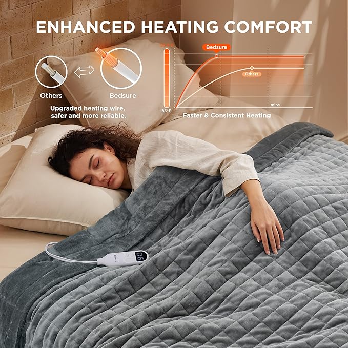 Bedsure Electric Blanket Twin - Quilted Heated Blanket Twin Size, Soft Flannel Thick Heating Blanket with 10 Time Settings & 6 Heat Settings, Warm Gifts for Women Men (62x84 inches, Formal Gray)