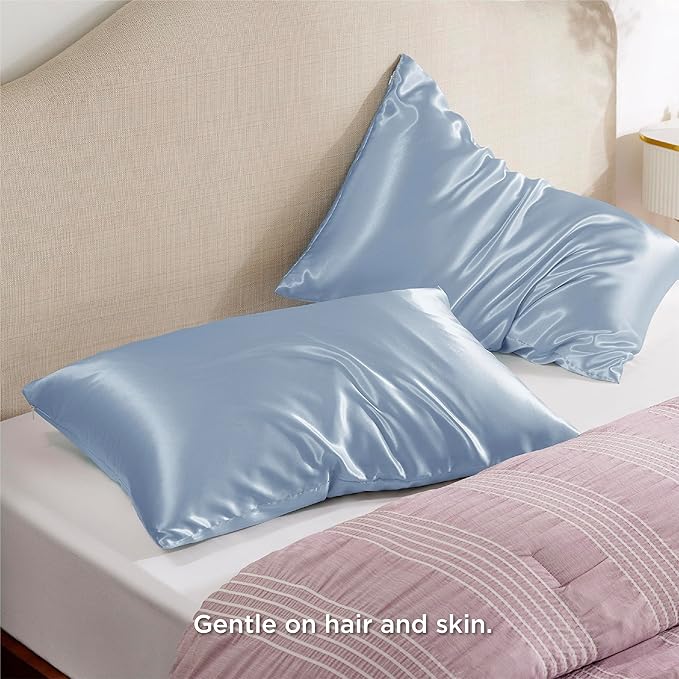 Bedsure Satin Pillowcase with Zipper, Similar to Silk Pillow Cases 2 Pack, Silky & Soft Satin Pillow Cases Standard Size for Hair and Skin, Stone Blue Pillow Covers, Gifts for Women Men, 20x26 Inches