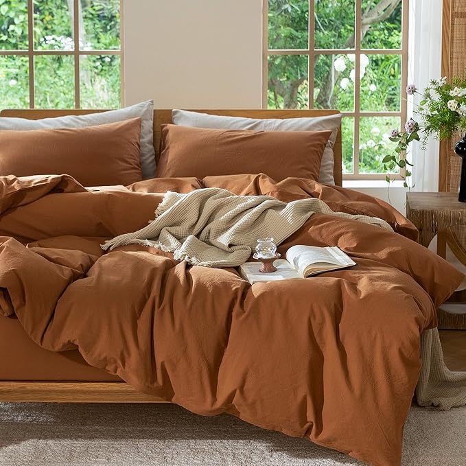 MooMee Bedding Duvet Cover Set 100% Washed Cotton Linen Like Textured Breathable Durable Soft Comfy (Solid Dark Orange, Oversized King Plus 128"x120")
