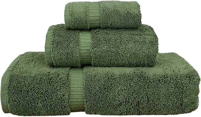 Luxury Hotel & Spa Quality Collection, Quick Dry 100% Turkish Cotton, 750+ GSM, Eco Friendly Towel Set, Bathroom and Kitchen Dobby Border Towels, Bath Towel, Hand Towel, Washcloths (3 Piece, Moss)
