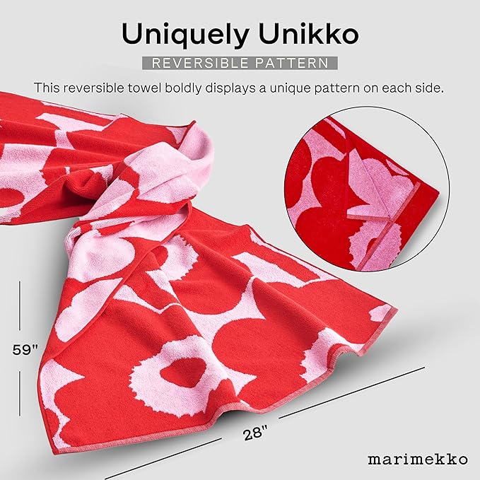 MARIMEKKO - Unikko Cotton Terry Bath Towel (Red) – Floral Patterned Bath Towels – 59 in x 28 in