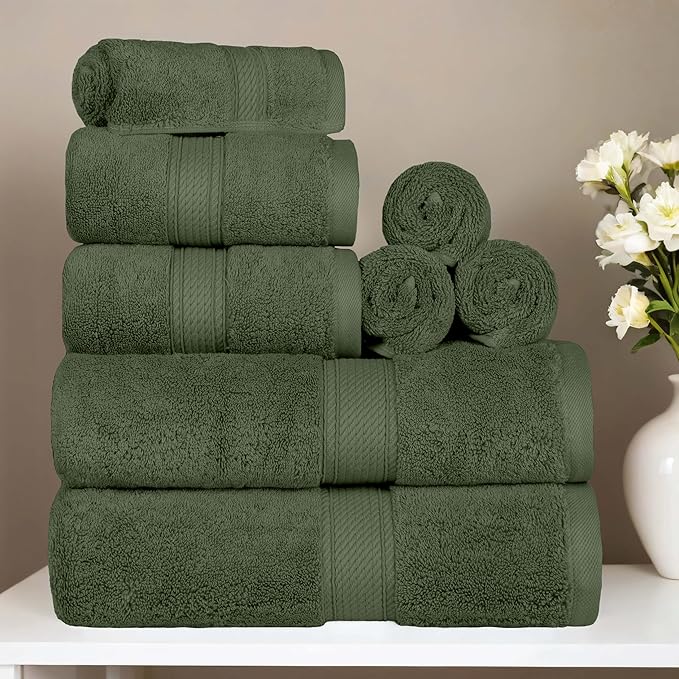 Superior Egyptian Cotton Pile 8 Piece Towel Set, Includes 2 Bath, 2 Hand, 4 Face Towels/Washcloths, Ultra Soft Luxury Towels, Thick Plush Essentials, Guest Bath, Spa, Hotel Bathroom, Forest Green