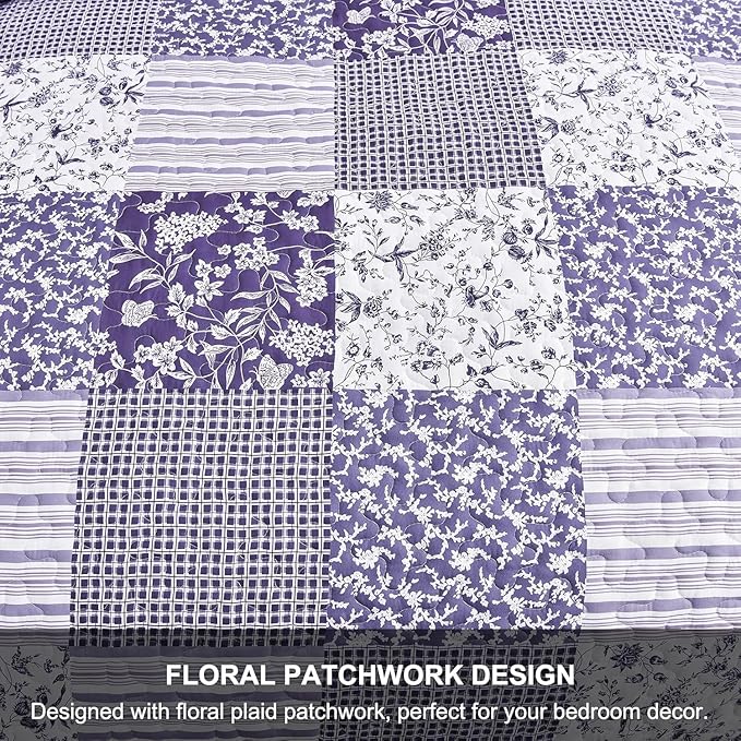 Mybedsoul Purple Quilt Set Twin Size, 2 Pieces Plaid Floral Bedspread Set Patchwork Reversible Bedding Set Microfiber Lightweight Bedspread Coverlet Set for All Season 68"x86"