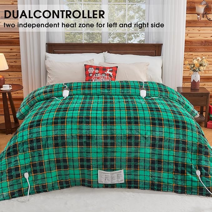 Electric Heated Blanket King Size, 90X100 Christmas Blanket with Dual Control&10 Heats Levels&Timer for Bed,Large Green Plaid Soft Sherpa Heating Blankets Warmer Gifts for Grandma Women Adults