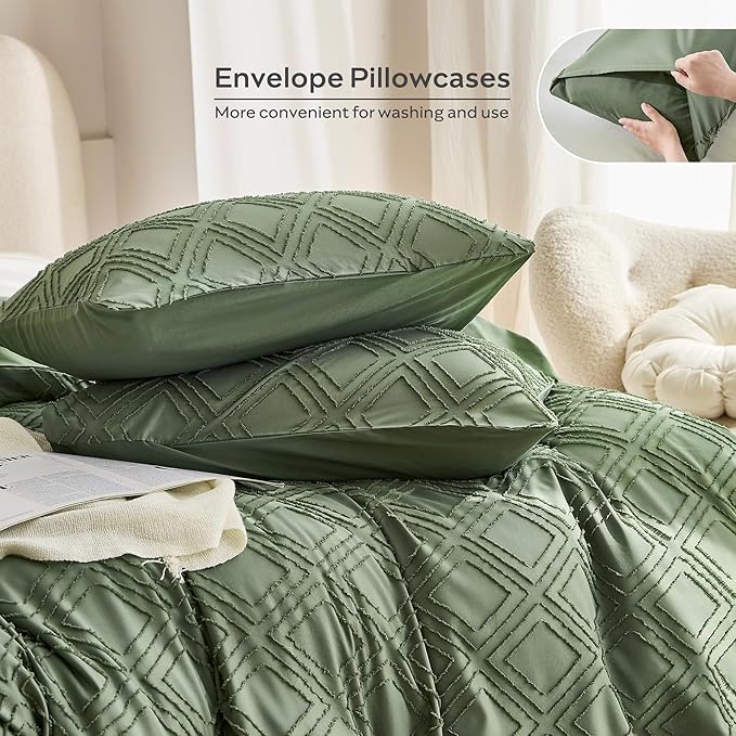 JELLYMONI Duvet Cover Twin Size Green - 3PCS Boho Duvet Cover Set Plaid Polyester Tufted Bohemian Jacquard Knit Textured Comforter Cover 68×90in Rhombic Geometric Pattern Corner Ties & Zipper