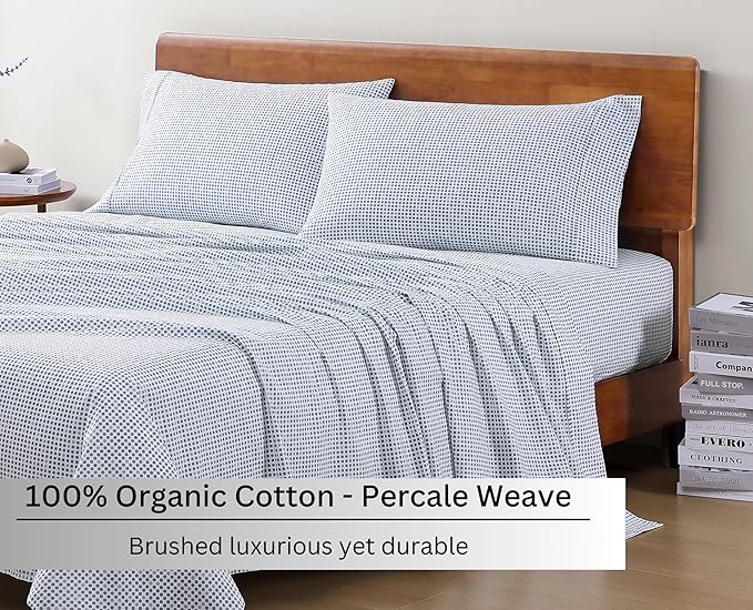 LANE LINEN 100% Organic Cotton Pre Washed Extra Long Twin Sheets Low Pill Fade Resistant Macine Wash Naturally Temperature Regulating Printed Cotton Sheets Twin XL Bed Sheets- Polka Dot Blue
