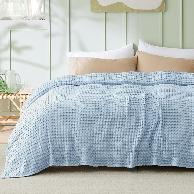 Bedsure Cooling Cotton Waffle Queen Size Blanket - Lightweight Breathable Blanket of Rayon Derived from Bamboo for Hot Sleepers, Luxury Throws for Bed, Couch and Sofa, Blue, 90x90 Inches