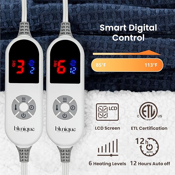 Heated Blanket Electric Blanket Queen Waffle,84x90 Inches Sherpa Fleece Fast Heating Blanket 6 Heating Levels & 10 Hours Auto Off ETL Certification, Navy Queen