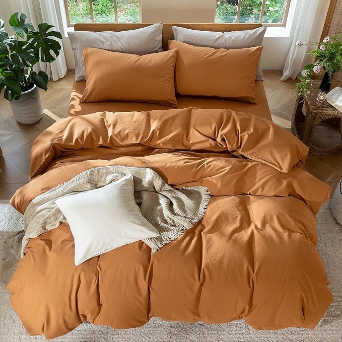 MooMee Bedding Duvet Cover Set 100% Washed Cotton Linen Like Textured Breathable Durable Soft Comfy (Solid Burnt Orange, Queen 90"x90")