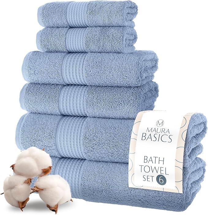 MAURA Basics Bath Towel Sets for Bathroom with Hanging Hook Loops. 2 Bath Towels, 2 Hand Towels, 2 Washcloths, Soft, Durable, Long Lasting and Absorbent Towels Set, Blue Gray