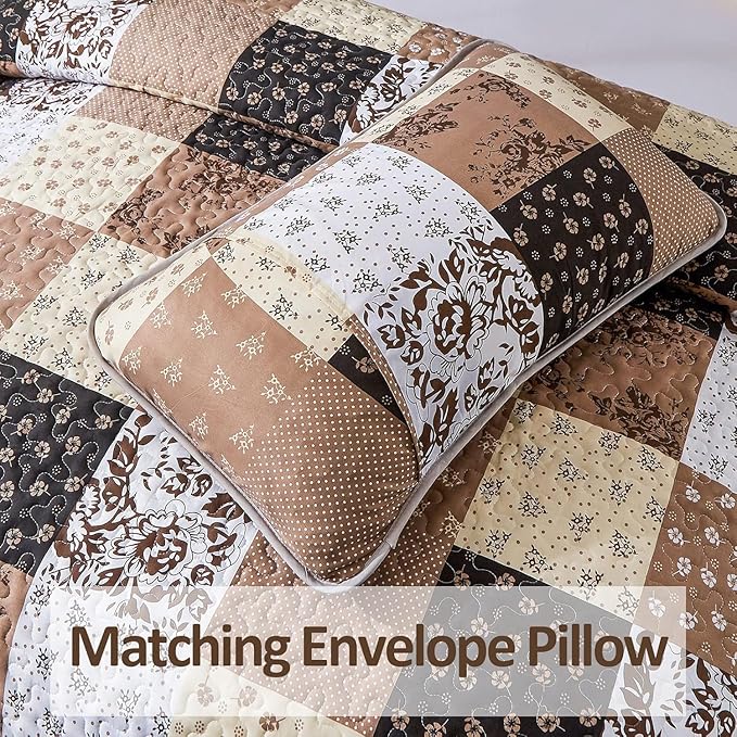 Mybedsoul Brown Quilt Set Full Size, 3 Pieces Plaid Floral Bedspread Set Patchwork Reversible Bedding Set Microfiber Lightweight Bedspread Coverlet Set for All Season 78"x90"