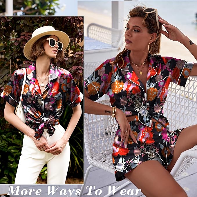 Ekouaer Pajamas for Women Set Silk Satin Pjs Shorts Sleepwear 2 Piece Loungewear S-XXL