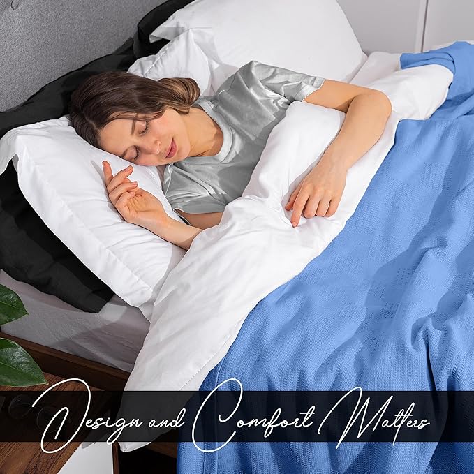 Avalon Bedding 100% Cotton Blankets King Size Thermal Blanket (108"x90") - Perfect Cotton Blanket King Size for Layering Bed in Any Season - Cotton Blankets for Bed (Blue)