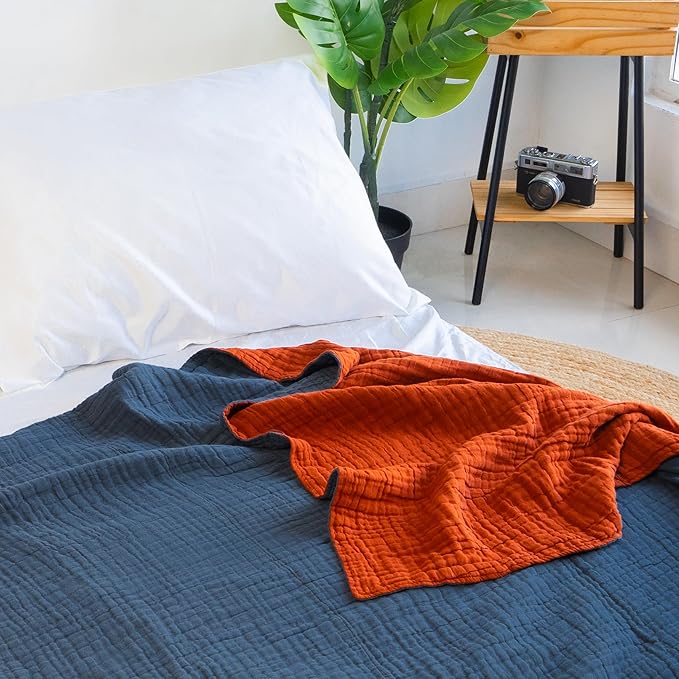 Salt Earth 100% Cotton Muslin Blanket, Gauze 55"X75" Twin, 6 Layered for Couch, Bed, Living Room, Home, Lightweight & All Season Blankets & Throws, Easy wash, Skin Friendly (Picante/Dark Slate)