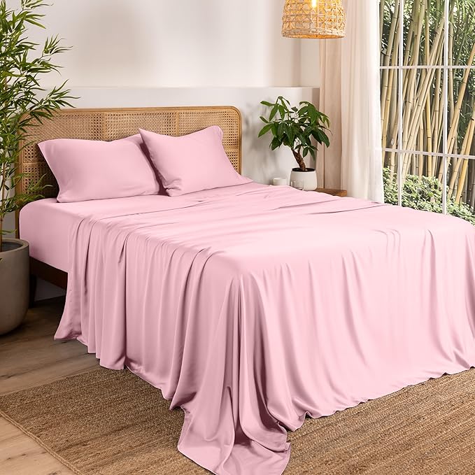Bare Home 100% Rayon Made from Bamboo King Sheet Set - 4 Piece Bedding Set - Deep Pockets - Breathable - Easy Fit - Bedding Sheets & Pillowcases (King, Light Pink)