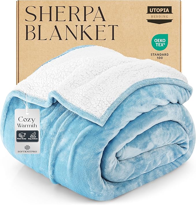 Utopia Bedding Sherpa Blanket Twin Size (Washed Blue, 90x66 Inches) - Soft Lightweight Plush Fleece Reversible Blanket for Bed, Sofa, Couch, Camping and Travel