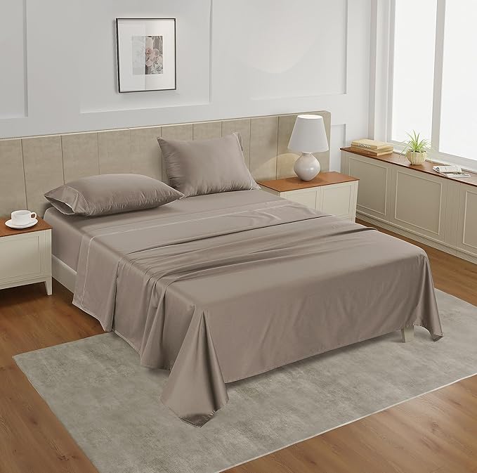 LANE LINEN Full Size Sheets Set – 450 Thread Count Soft & Breathable Cotton Sheets, 15” Deep Pocket Fully Elasticized Fitted Sheet, Machine Washable Hotel Bedding Sheets & Pillowcases, Taupe