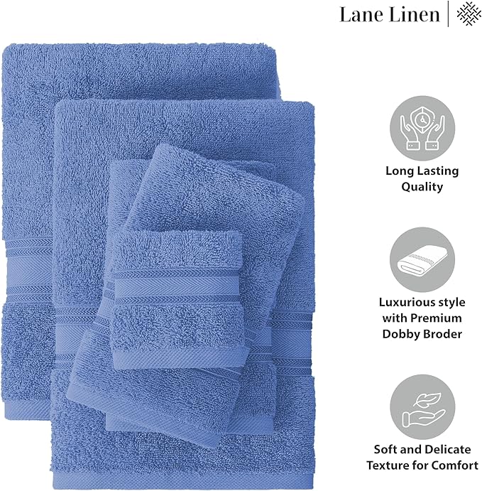 LANE LINEN Bathroom Towels Set of 18 – Zero Twist, 100% Mercerized Cotton, 6 Bath, 6 Handtowel & 6 Washcloths, Luxury Hotel Design, Perfect for Salon & Guests, Machine Washable – Cerulean Blue