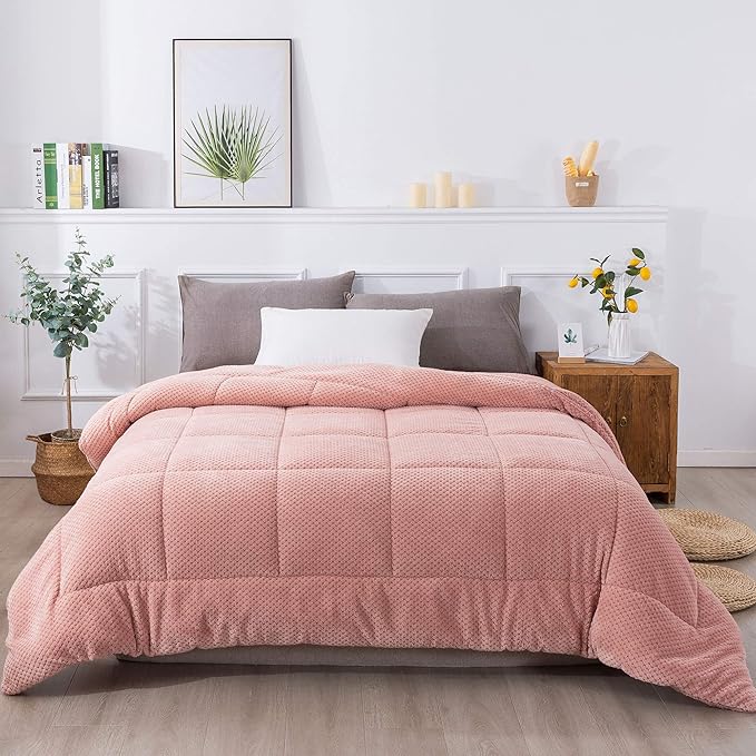 KASENTEX Super Ultra Sof Luxury Plush Sherpa Comforter, Cozy Reversible Fleece - Goose Down Alternative, Machine Washable Bedding, Sunset Rose Pink, Twin/Twin XL Size
