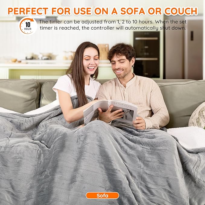 Mia&Coco Heated Blanket Queen Size -84"x90" Dual Control Flannel Electric Blanket,10 Heat Levels,10-Hour Auto-Off,Fast Heating,Overheat Protection, Soft Heating Blanket for Home and Office (Gray)