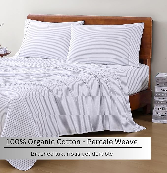 LANE LINEN 100% Organic Cotton Printed King Size Sheets Set, Soft & Comfy Fully Elasticized Percale Low Pilling Machine Washable All Season Printed Oeko-Tex Cotton King Sheets- Ticking Stripe