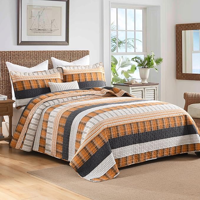 Homzard King Comforter Set,Cotton King Size Quilt，Caramel Orange Black King Bedding Set，Plaid Striped Bedspread Set，Lightweight Reversible Bed Set 3 Pieces