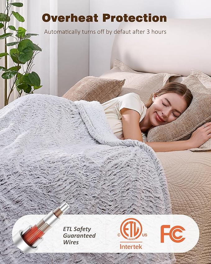 Electric Blanket Heated Twin 62"x84", Eelectric Blanket Clearance with 9 Heating Levels & 1-10H Timer, Silky Faux Fur, Auto Off, Fluffy Cozy Machine Washable Bedding, ETL Certified (Brushed White)