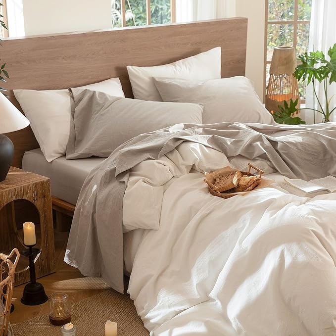 MooMee Bedding Sheet Set 100% Washed Cotton Linen Like Textured Breathable Durable Soft Comfy (Heathered Tannish Linen Grey, King)