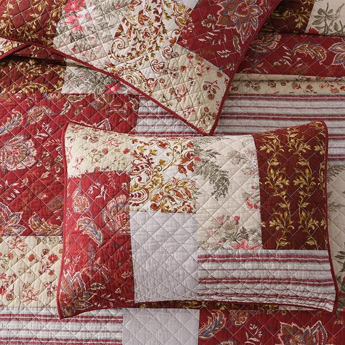 Yvooxny King Quilt Set Quilted Bedspread Country Farmhouse Cottage Vintage Ditsy Floral Paisley Style Reversible Lightweight Coverlet Set Real Patchwork Quilt for All Seasons, Antique Rose, King Size