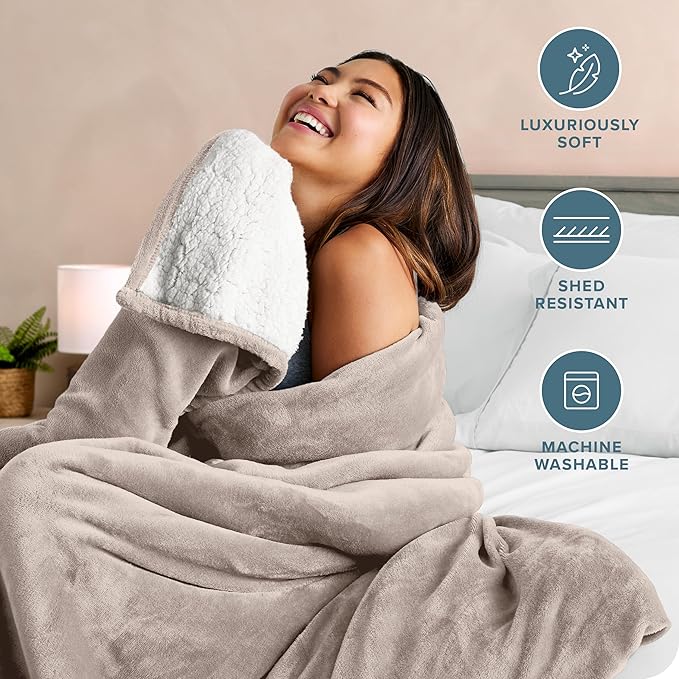 Bare Home Sherpa Fleece Blanket - Twin/Twin Extra Long - Blanket for Bed, Sofa, and Couch - Warm & Lightweight - Fluffy & Soft - Reversible (Twin/Twin XL, Light Taupe)