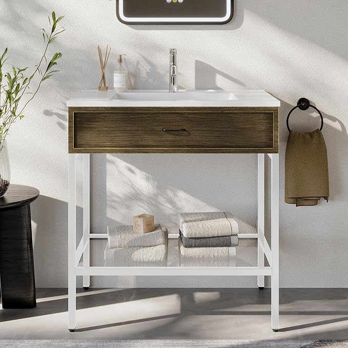 30 Inches Bathroom Vanity with Resin Sink, Single Sink Modern Cabinet Set, Stainless Steel Frame with Tempered Glass Open Shelf, Freestanding Bathroom Storage Cabinet Combo, White