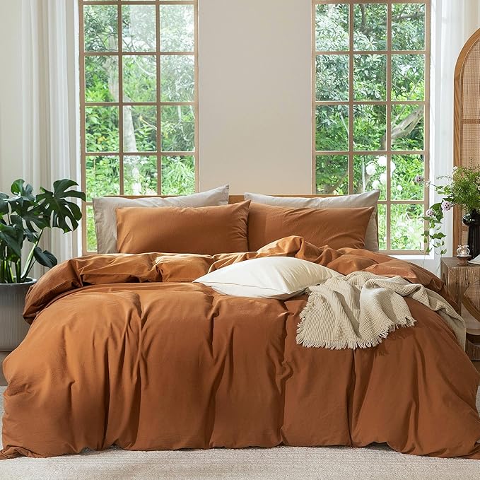 MooMee Bedding Duvet Cover Set 100% Washed Cotton Linen Like Textured Breathable Durable Soft Comfy (Solid Dark Orange, Cal King 104"x98")