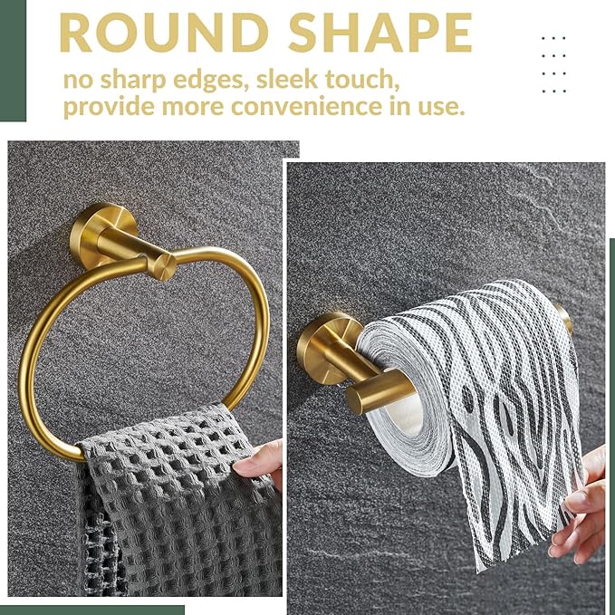 APLusee 2 Pieces Bathroom Hardware Set Brushed Gold, Contemporary 304 Stainless Steel Storage Accessories Kit with Oval Hand Towel Ring, Toilet Paper Holder Wall Mounted