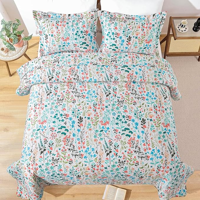 BEDIFANY Queen Size Quilt Bedding Set - Cotton Filling Lightweight Reversible Bedspread with Botanical Floral Pattern, Farmhouse Bed Coverlet for All Seasons, 3-Piece Set (90x98 Inches)