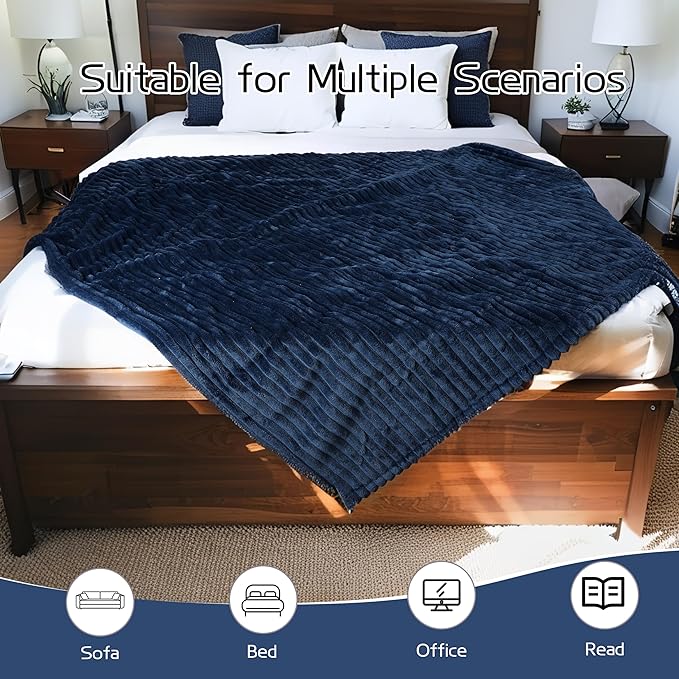 Electric Heated Blanket Queen Size 84x90 Inch - Ultra Soft Silky Flannel with Ribbed Texture, Dual Zone Controllers with 10 Heating Levels and 12 Hours Auto-Off Feature - Navy Blue