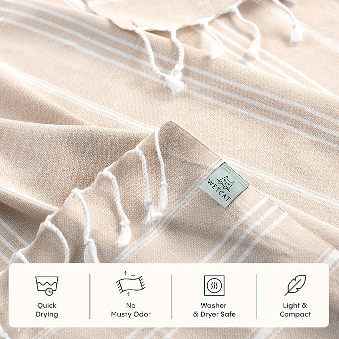 WETCAT Turkish Hand Towels with Hanging Loop, Set of 2 (20" x 30") 100% Turkish Cotton, Pre-Washed, Quick Drying, for Kitchen or Bathroom - Beige