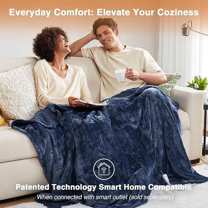 Beautyrest Auto Shut Off, Virtually Zero EMF, Multi Heat Setting, UL Certified, Machine Washable Reversible Microlight to Sherpa Electric Blanket, Full, Indigo