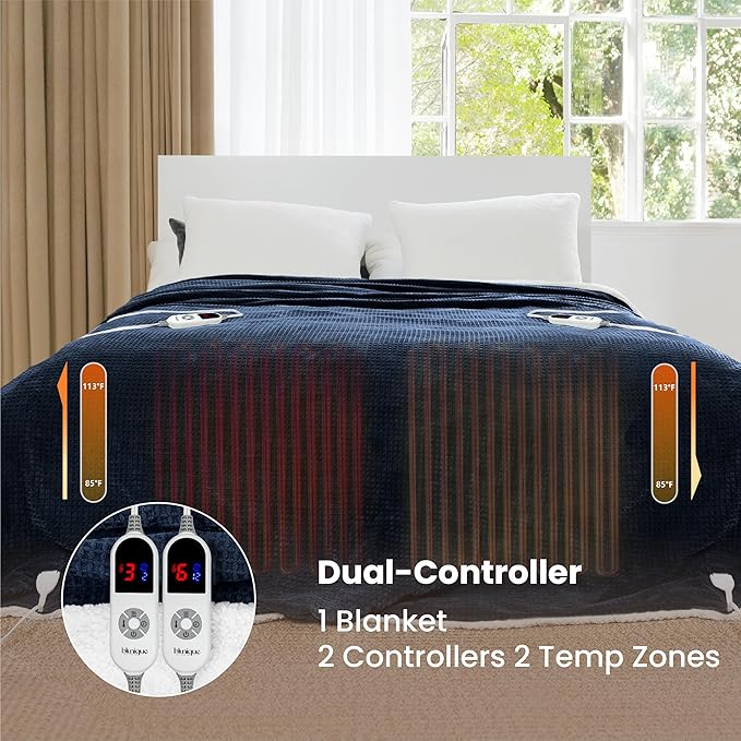 Heated Blanket Electric Blanket Queen Waffle,84x90 Inches Sherpa Fleece Fast Heating Blanket 6 Heating Levels & 10 Hours Auto Off ETL Certification, Navy Queen