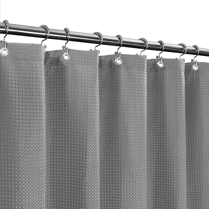 Waffle Weave Fabric Shower Curtain, Spa, Hotel Luxury, Gray Pique Pattern, 71 x 72 Inches Decorative Bathroom Curtain
